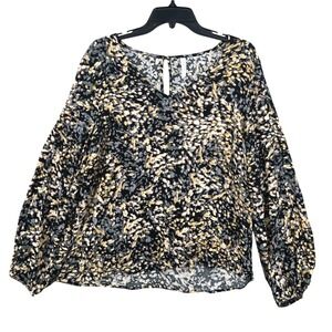 Mia & Tess Abstract Blouse Womens XL Black Gold Artsy Brushstroke Earth Tones